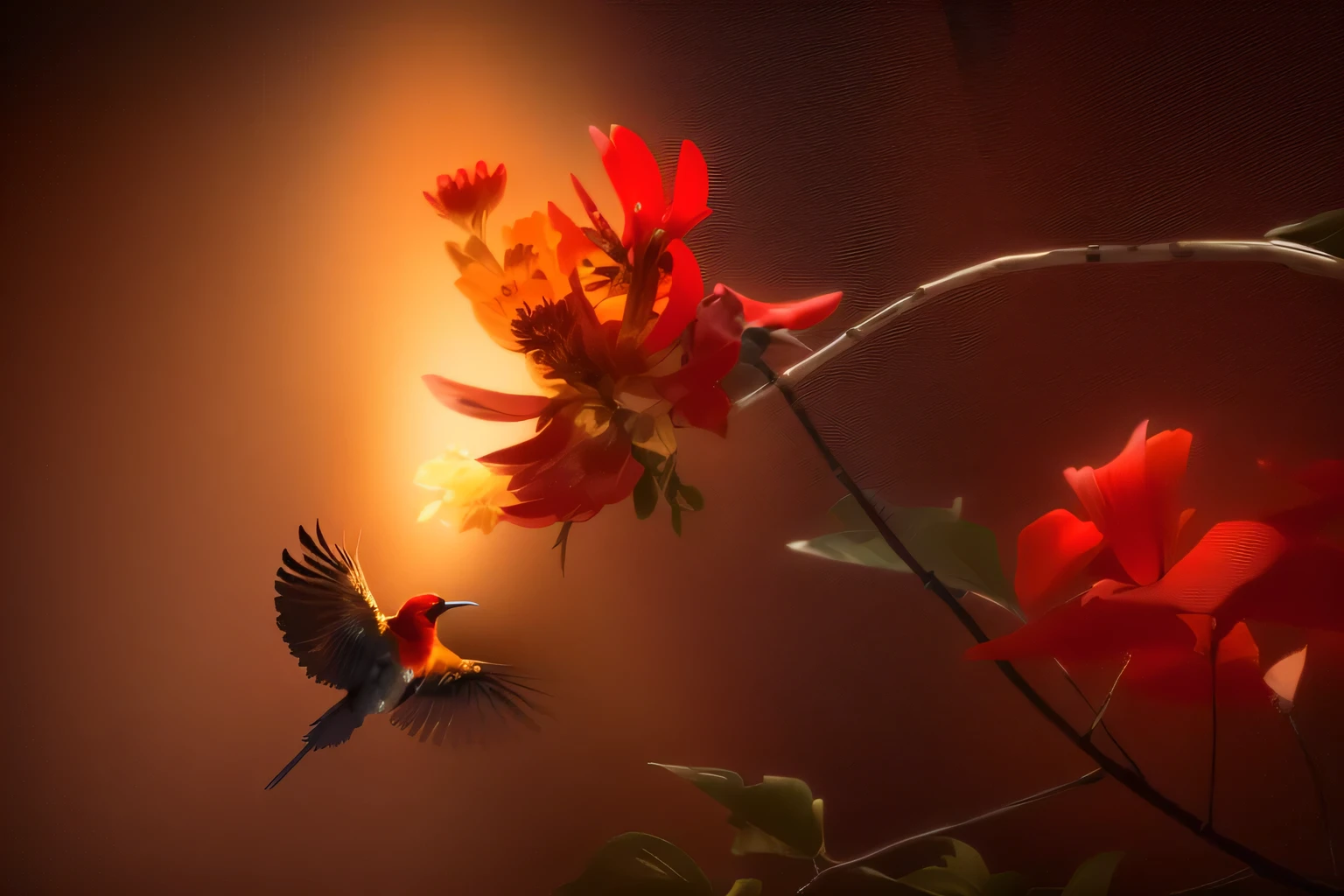 Red Ivory Flower, a red cross tailed sunbird hovering near the red ivory flower, red cross tailed sunbird hovering, red cross tailed sunbird, green background, natural photos, stunning shots, beautiful sunbird, nature documentary stills, wild bird photography, national geography photos, award-winning photos, animal focus, surrealism, intense action scenes, poster art, low-key lighting, movie lighting, 32k uhd, strong facial expressions, (original photo, best quality), (realistic, photo realistic: 1.3), masterpiece, high-rise, primitive, perfect lighting, (extremely detailed CG: 1.2), unified, 2k Wallpaper, stunning, with intricate details (dark background: 1.), high contrast lighting, rutkowski, HDR, intricate details, ultra detailed, cinematic