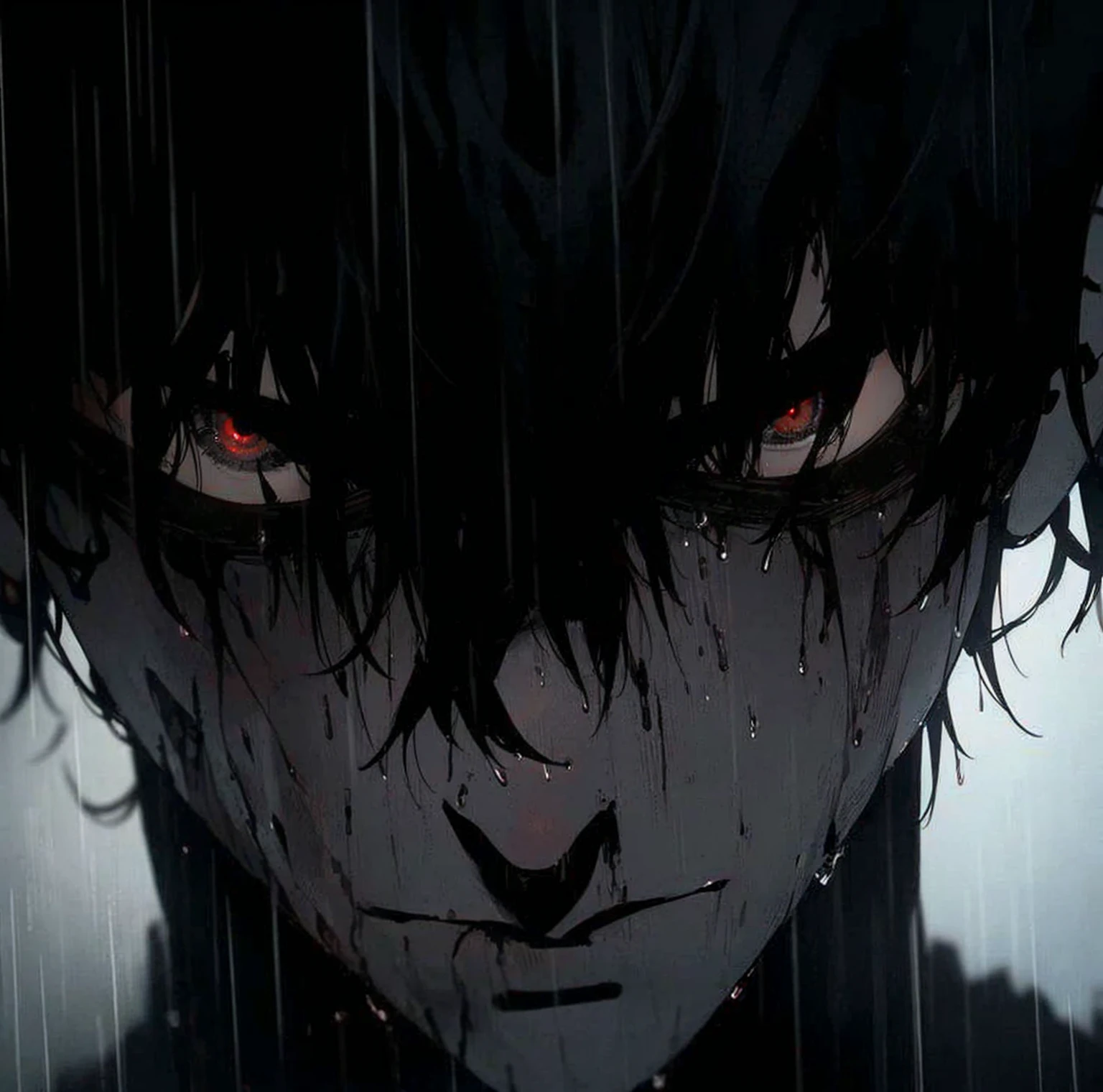 best quality, detailed, Man, sleeved, menacing, Red eyes, under the rain, face only, head down, wet hair
