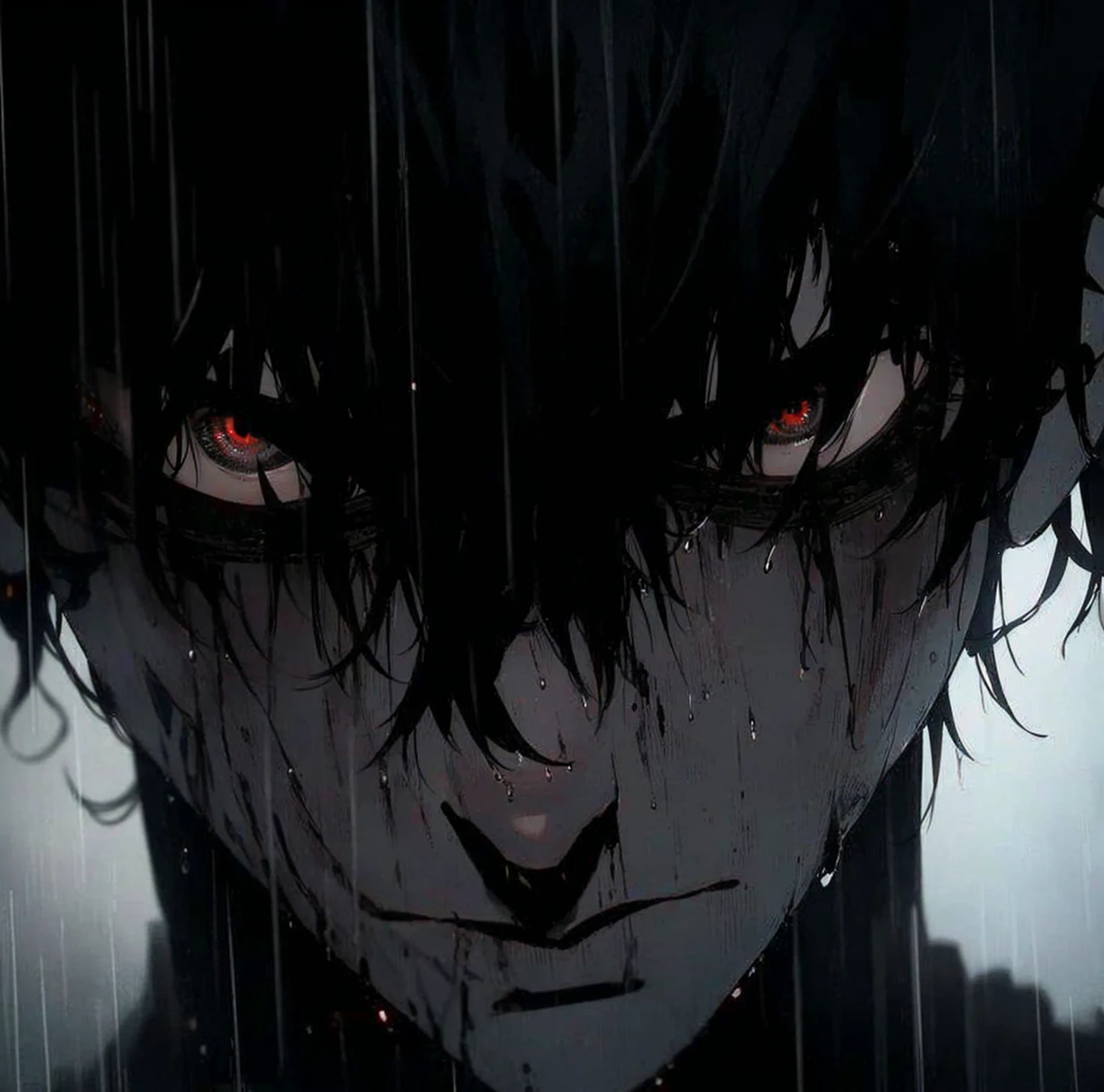 best quality, detailed, Man, sleeved, menacing, Red eyes, under the rain, face only, head down, wet hair