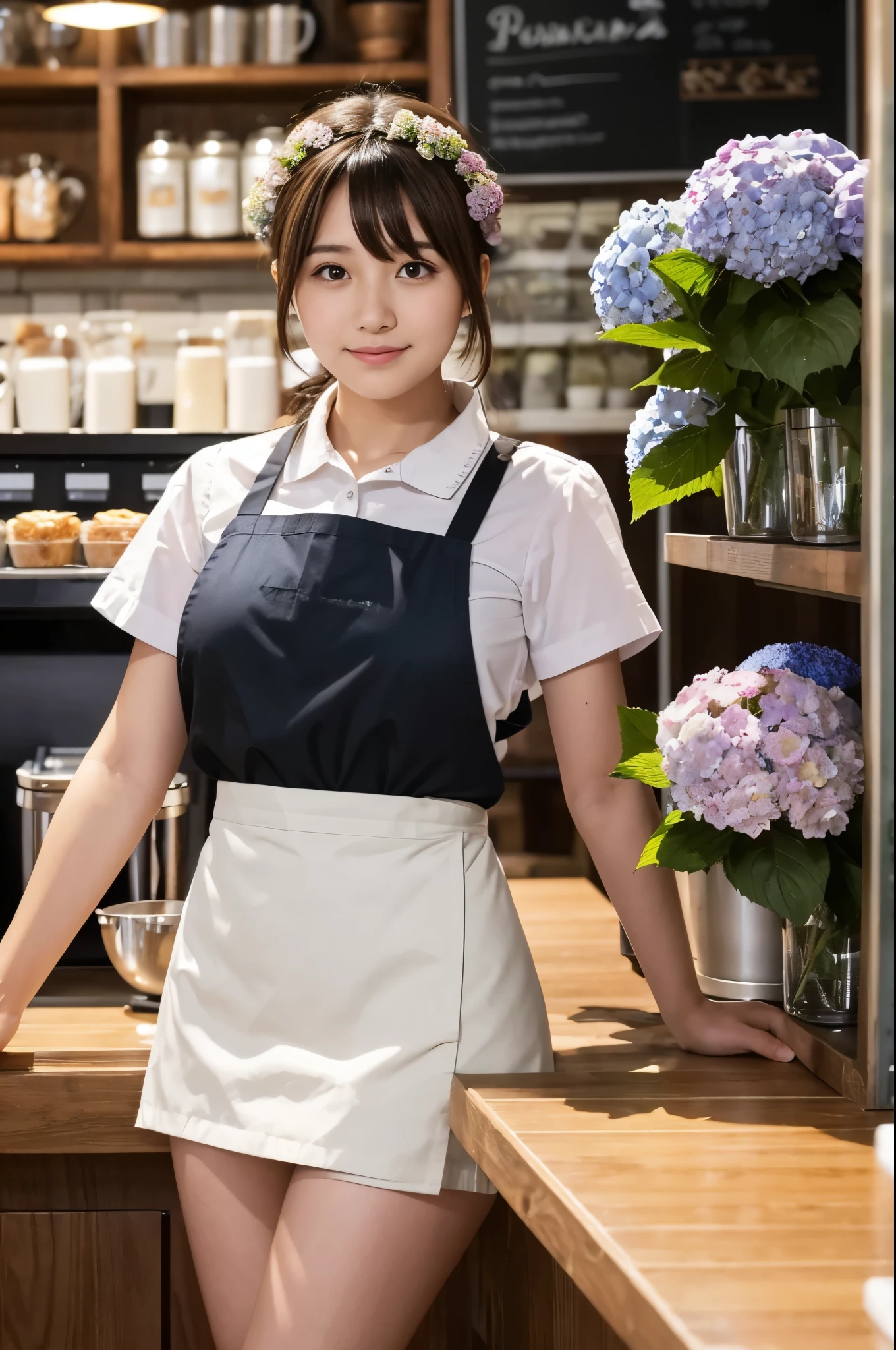 A 20-year-old girl working at a coffee shop decorated with hydrangeas（Wearing a miniskirt and apron）