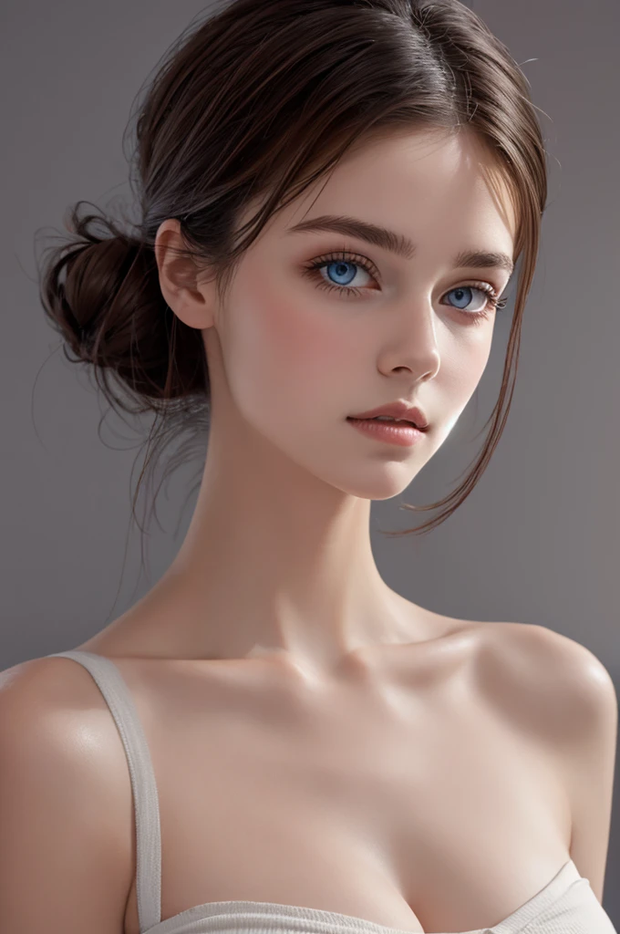 Tight black top:1.2, looking at the audience, Cinema lighting, perfect, soft light, High resolution skin:1.2, Realistic skin texture, 18 years old、a small face、No makeup,Off the shoulders,Bust C cup、blue eyes, bun, dark brown hair、Completely naked、gray background、
