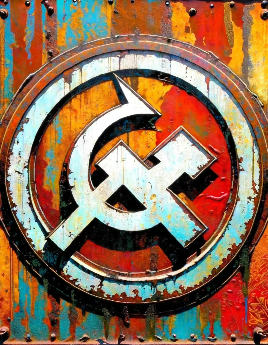 decorative rusty metal sign with a drawing of a communist symbol, artwork inspired by dave mcKean, vivid colors, intricate details, oil.