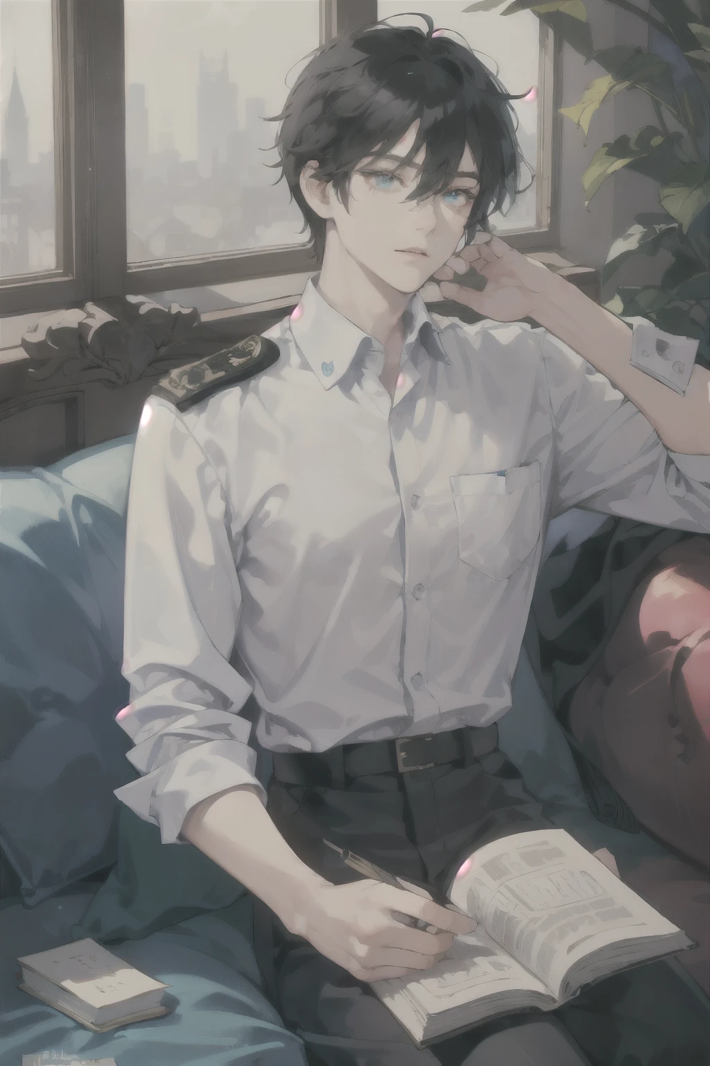 masterpiece, best quality, ultra detailed, (solo man), (male focus), ((Oblong face)), ((Square jawline)), black hair, ((hairs between eyes)), ((shoulder length)), ((narrow blue eye)), fair skin, skinny body, beauty mark, {uniform, outfit, clothes}, dress shirt, watch, sitting on sofa, read a book, ((looking away))