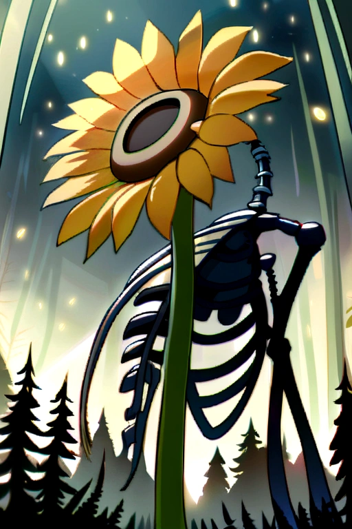Death skeleton with fireflies in a forest holding a sunflower