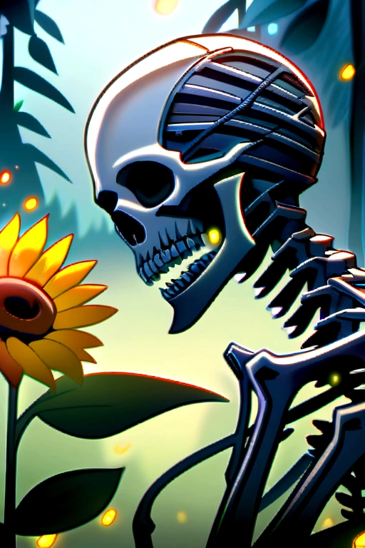 Death skeleton with fireflies in a forest holding a sunflower 