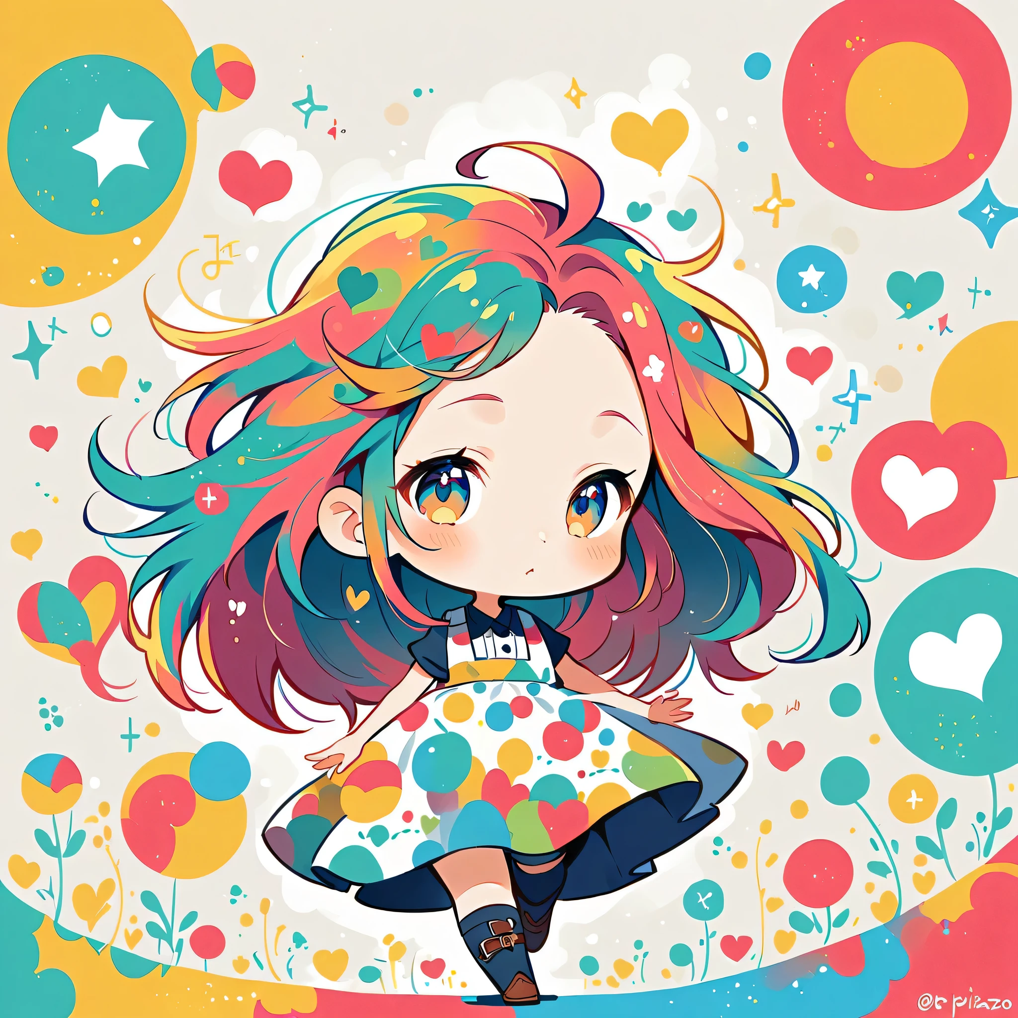 Mika Pikazo style, Simple Line Initialism，Abstract art，Urban Background, colorful hearts ,(((The most beautiful girl of all time))), (((chibi))), walking with Cute amoeba