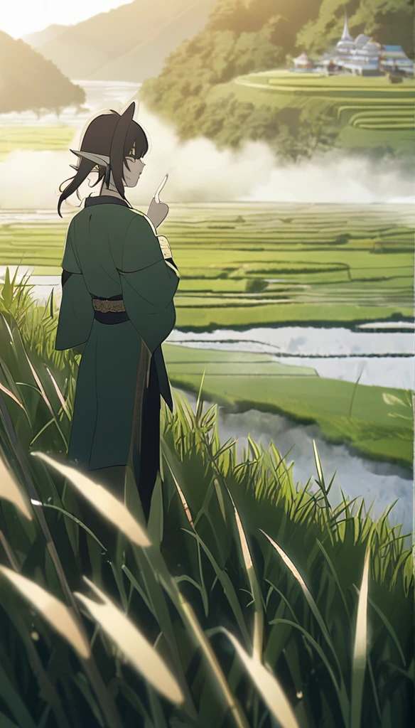 1man, elven ears, land god, dark black hair, short spike hairstyle, glowing grey eyes, terraced rice paddy field, pointing to sky, elegant thai clothes,