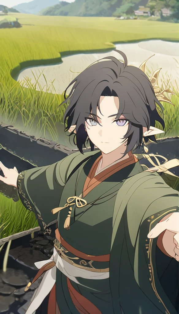 1man, elven ears, land god, dark black hair, short spike hairstyle, glowing grey eyes, terraced rice paddy field, pointing to sky, elegant thai clothes,