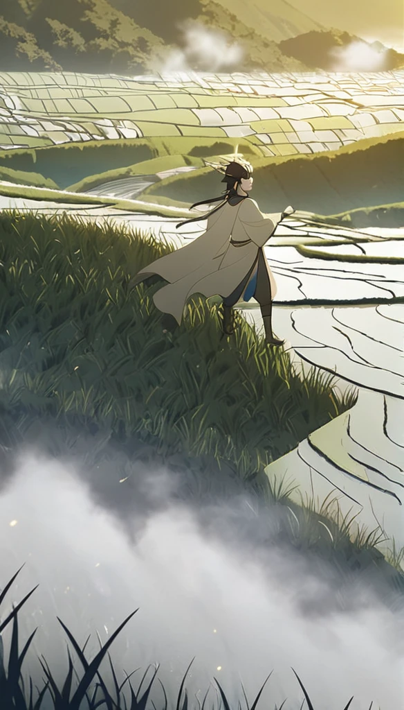 1man, elven ears, land god, dark black hair, short spike hairstyle, glowing grey eyes, terraced rice paddy field, pointing to sky, elegant thai clothes,