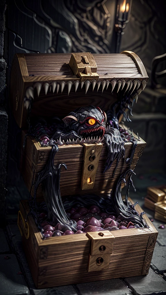 Create a highly detailed and terrifying image of a Mimic chest monster. The Mimic should resemble a traditional treasure chest at first glance, with ornate woodwork and metal reinforcements. However, the chest should be partially open, revealing sharp, menacing teeth lining the inside of the lid. The lid should be split into a monstrous mouth, with a long, slimy tongue lashing out. The eyes of the Mimic should be glowing ominously, either embedded in the wood or appearing on the lid, giving it a menacing, predatory look.

The setting should be a dimly lit dungeon with cobblestone floors and walls. Scatter gold coins, jewels, and other treasures around the Mimic to emphasize the trap. Add eerie lighting and shadows to enhance the creepy and dangerous atmosphere. Ensure there are no humans or human-like figures in the image. The overall scene should evoke a sense of dread and caution, capturing the essence of a Mimic ready to strike at unsuspecting adventurers.Nothing in the chest monster