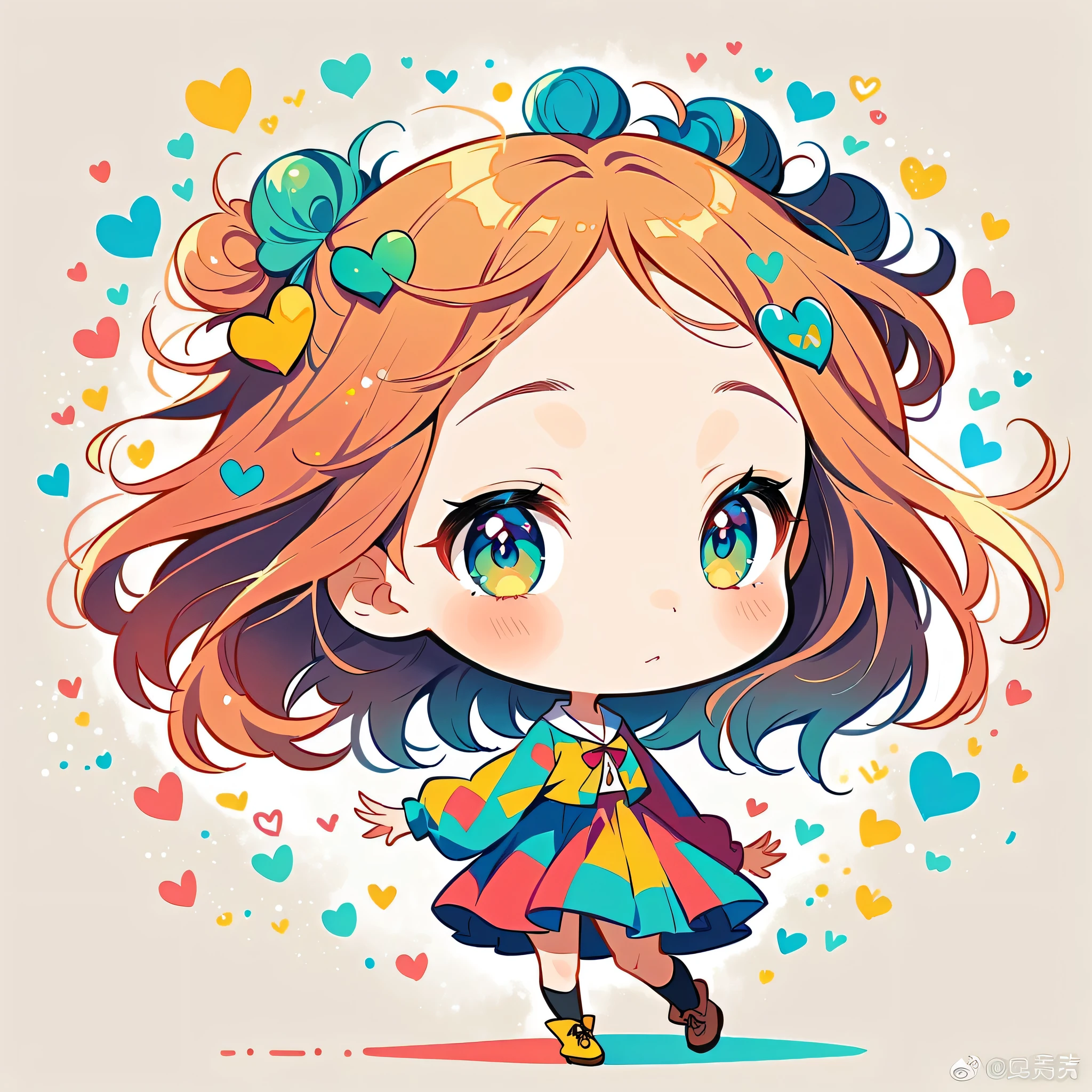 Mika Pikazo style, Simple Line Initialism,Abstract art,Urban Background, colorful hearts ,(((The most beautiful girl of all time))), (((chibi))), walking with Cute amoeba