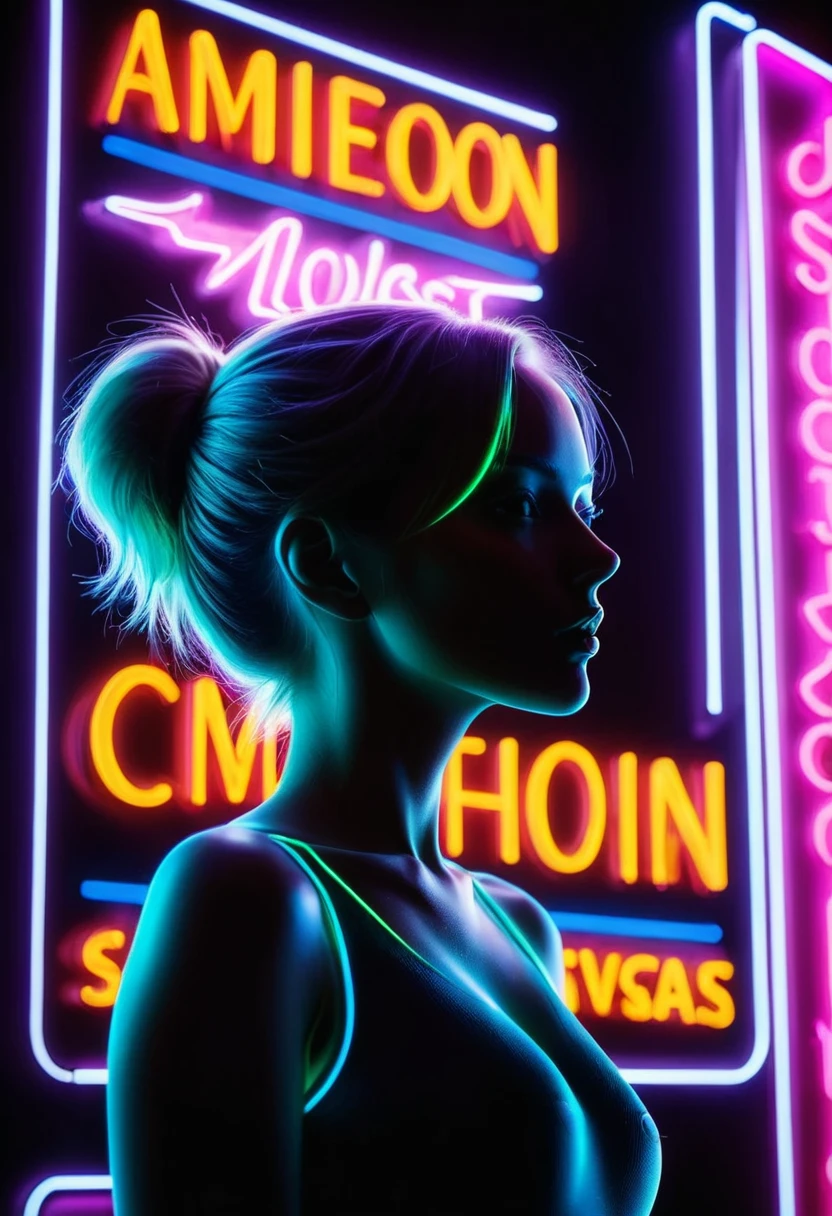 Side face silhouette,Shadow of beautiful woman under neon sign,Huge neon signboard,(Neon sign with text:1.5)