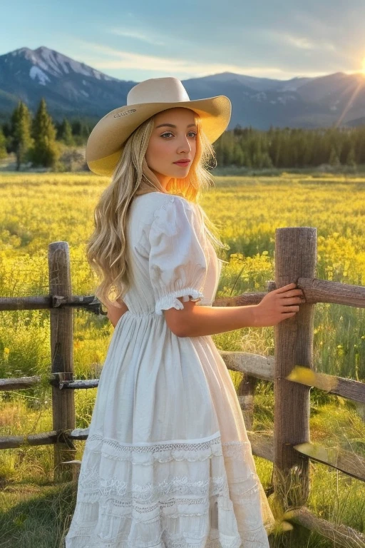 close up photography, a western scene, A beautiful lone blonde woman standing next to a split fence in a flower filled meadow in the Sawtooth Mountains in Idaho as the sun sets; wearing a beautiful dress with a neckline , sexy peasant, europea, 🤬 🤮 💕