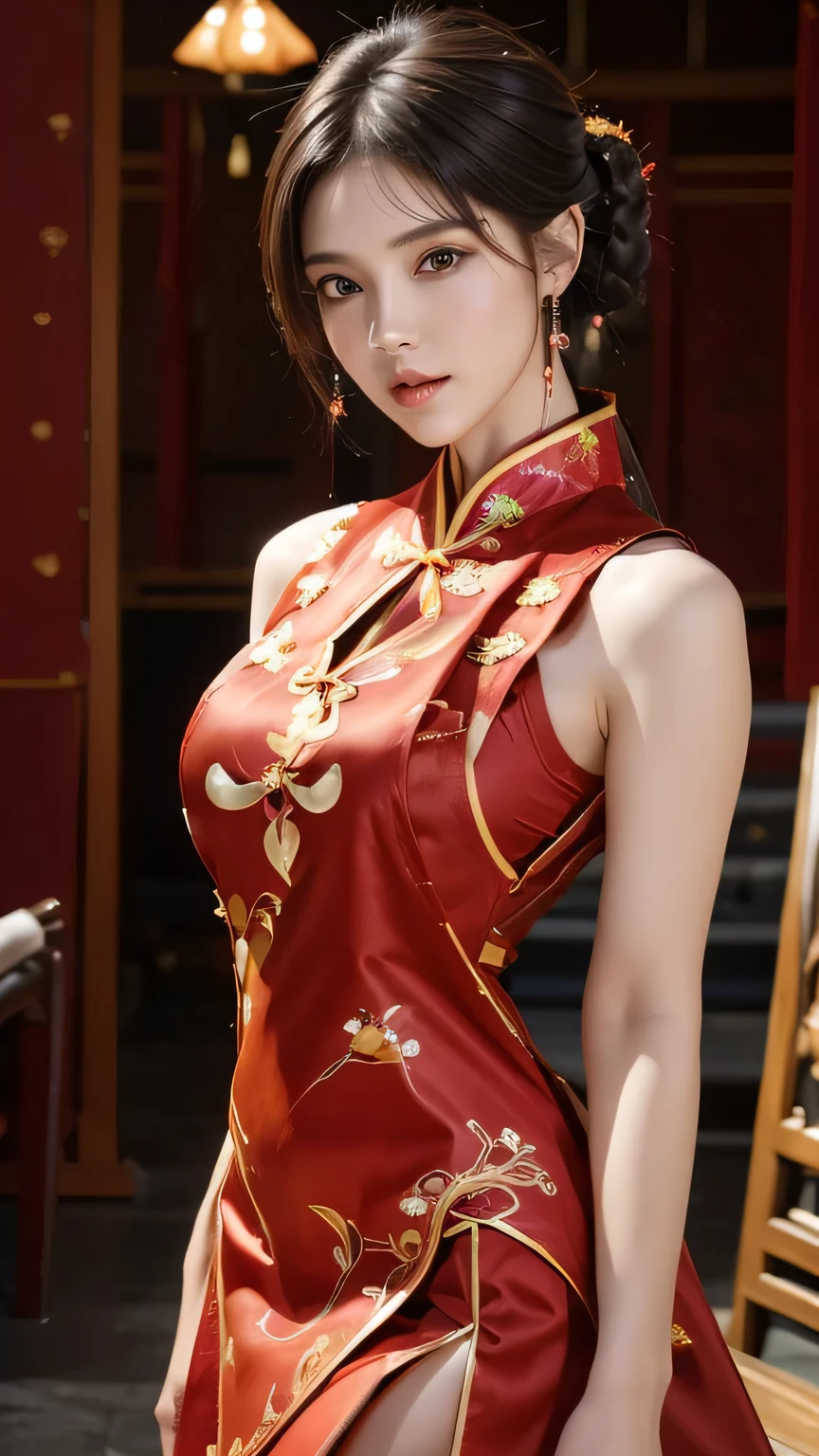 Non-NSFW、Realistic、Highest quality、Highest quality、masterpiece、Ultra-high resolution、RAW Photos、Realistic、Bright lighting、Face Light、Smooth Professional Lighting、Looking into the camera、alone、Adult female、Beautiful woman、Super Beauty、Realistic肌、Moisturized Skin、Realistic eyes and faces、Perfect model body shape、Beautiful Eyes、Big eyes、Inconspicuous tear bags、slim、Medium sized big breasts、No bra、Beautiful fingers、Very short hair、Jet Black Hair、Iris、Looks happy、(Both ears are hidden by hair)、(((Red costume)))、Fantasy World、(((Holy Lady)))、Inside the temple, Small Ass, A konigsreuter,(no good:1.5), (Sleeveless High-Slit red cheongsam clothes:1.6),(Cowboy Shot:1.6)