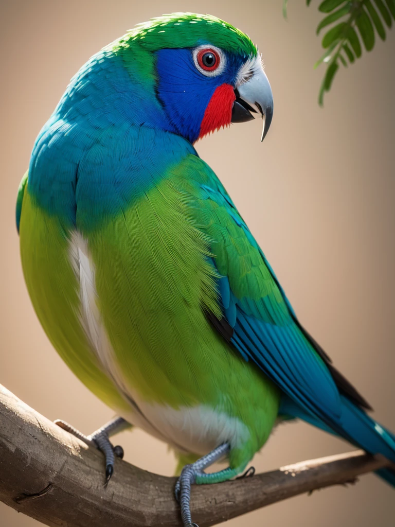 Create a highly detailed and lifelike digital painting of a Blue-crowned Hanging Parrot (Loriculus galgulus). Focus on capturing the vibrant green plumage, striking blue crown, and the bright red patch on its throat and rump. The bird should be depicted in a close-up view, perched delicately on a thin branch. Highlight the fine details of its feathers, the subtle variations in color, and the texture of its small, curved beak. Use a simple, blurred background with soft, natural tones to emphasize the bird's vibrant colors and intricate details. Include realistic lighting to bring out the sheen on its feathers and to create depth and dimension in the image. Capture the bird's curious and lively expression, showcasing its unique and beautiful features in a highly detailed and realistic manner."