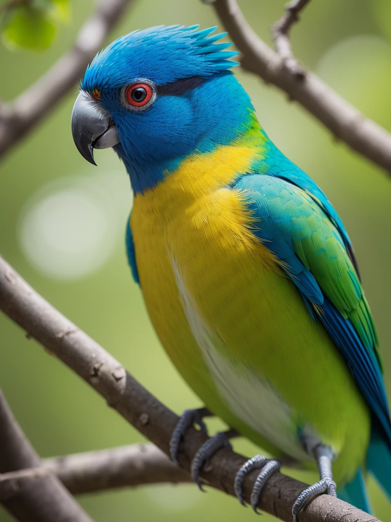 Create a highly detailed and lifelike digital painting of a Blue-crowned Hanging Parrot (Loriculus galgulus). Focus on capturing the vibrant green plumage, striking blue crown, and the bright red patch on its throat and rump. The bird should be depicted in a close-up view, perched delicately on a thin branch. Highlight the fine details of its feathers, the subtle variations in color, and the texture of its small, curved beak. Use a simple, blurred background with soft, natural tones to emphasize the bird's vibrant colors and intricate details. Include realistic lighting to bring out the sheen on its feathers and to create depth and dimension in the image. Capture the bird's curious and lively expression, showcasing its unique and beautiful features in a highly detailed and realistic manner."