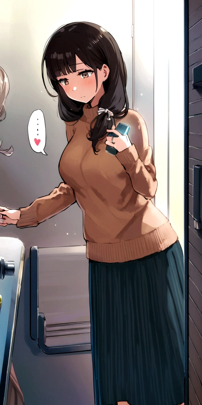 House wife, ribbon, sending a message, wedding ring, light black hair, light brown eyes, long skirt, in the room, scattered flannels,