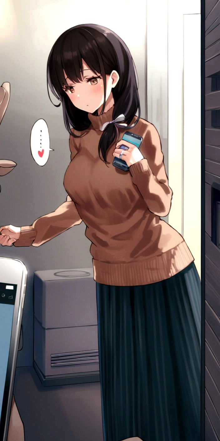 House wife, ribbon, sending a message, wedding ring, light black hair, light brown eyes, long skirt, in the room, scattered flannels,