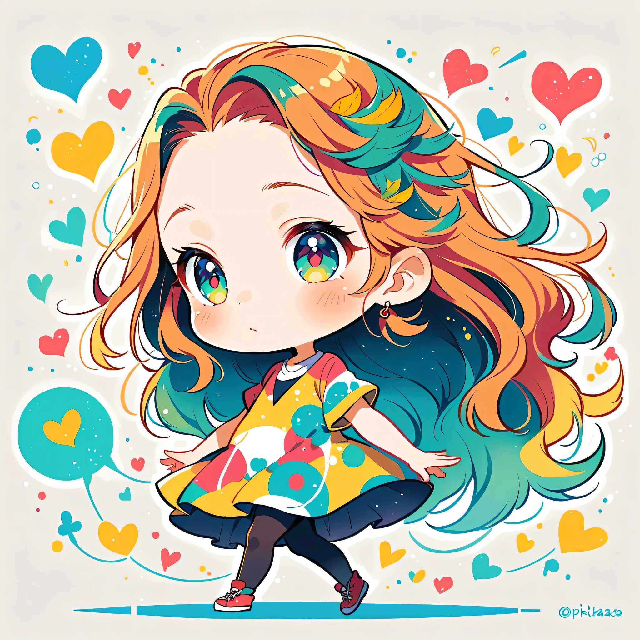 Mika Pikazo style, Simple Line Initialism,Abstract art,Urban Background, colorful hearts ,(((The most beautiful girl of all time))), (((chibi))), walking with Cute amoeba