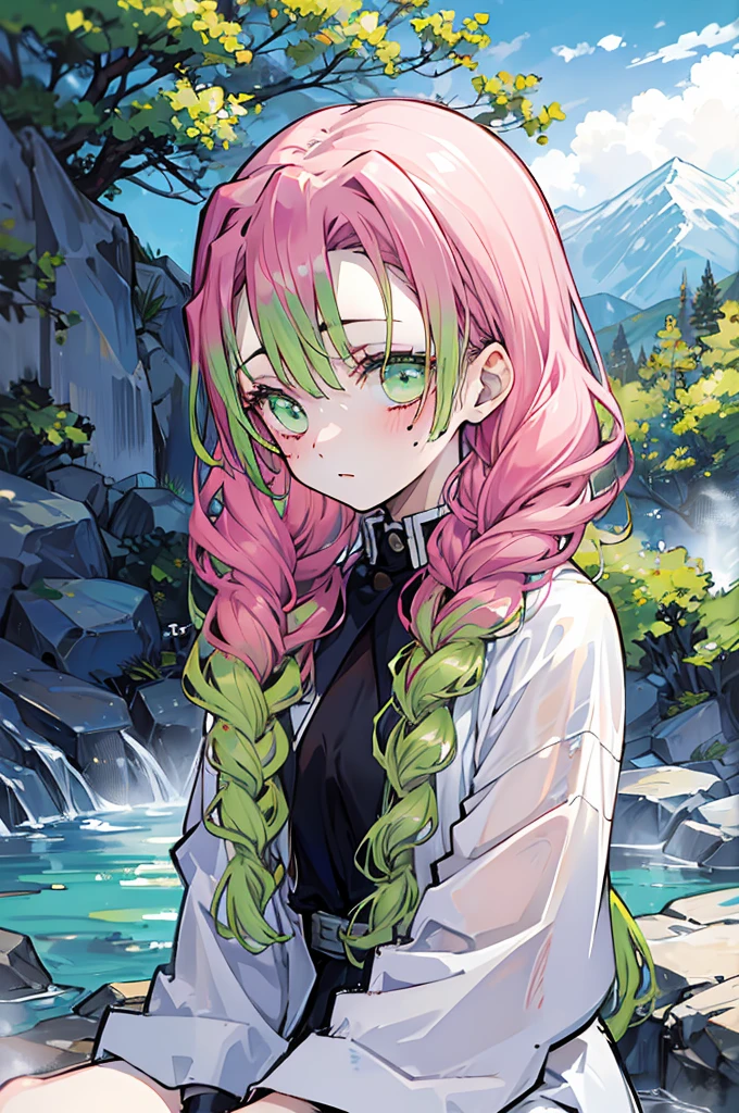 masterpiece, best quality, ultra-detailed, Potrait of beautiful MitsuruDS, solo, closed_mouth, An anime-style female character with pink and green hair, styled in a long braid, is depicted sitting in a hot spring, water droplets visible on her skin. The background features rocky terrain and lush greenery with a mountainous landscape. She has a gentle expression and a blush on her cheeks.