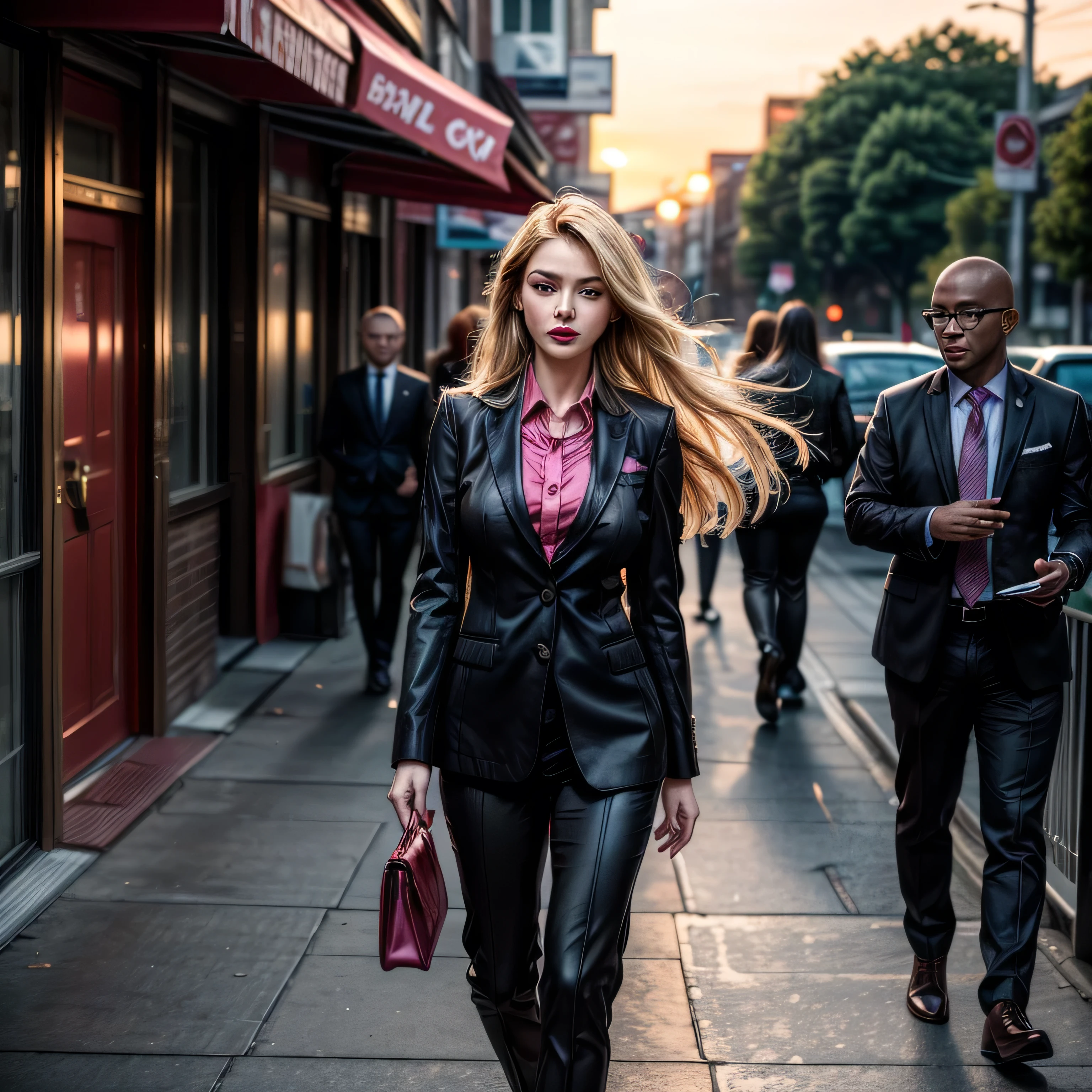 (masterpiece, photorealistic:1.4, extremely intricate:1.3, radiosity, photon mapping, dtx), ((nineteen female, age supermodel, ((business suit, black suit coat, pink silk men's business shirt, stepping to the side, serious, looking away, 19 years old, humid, bright red lips)), long eyelashes, makeup:1.3)), ((([skin detail:freckles:0.9]))), outdoor, park, faraway city, professional photograph girl, (long straight hair [blonde hair:dark hair:0.7], wind), BREAK ((sunset), bokeh, blurry background), BREAK, ((([medium breasts:large breasts:0.6])))