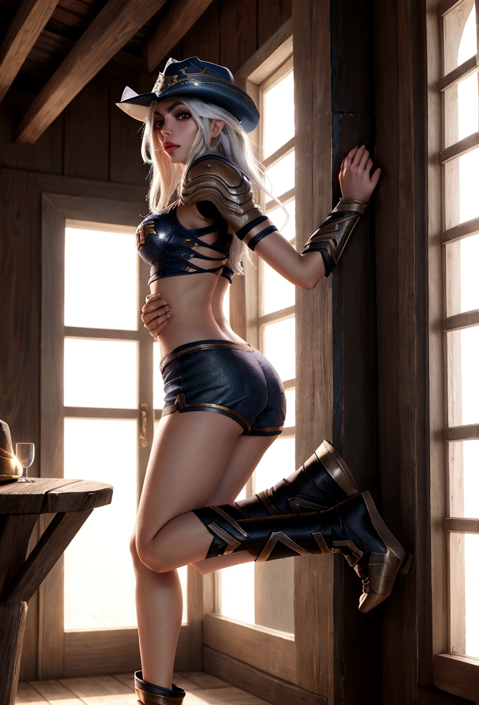 ashe from overwatch, 19 years old, slim figure, runners body, delicate nose, soft and delicate lips, facing away from camera, butt pose, wearing short shorts, wearing cowboy hat, barn interior, sexy pose, legs up