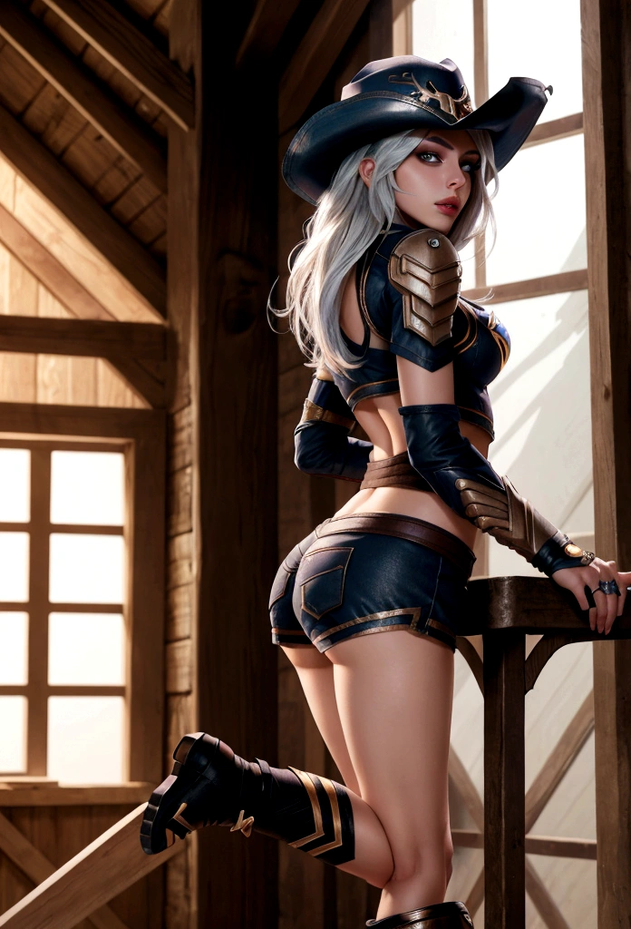 ashe from overwatch, 19 years old, slim figure, runners body, delicate nose, soft and delicate lips, facing away from camera, butt pose, wearing short shorts, wearing cowboy hat, barn interior, sexy pose, legs up