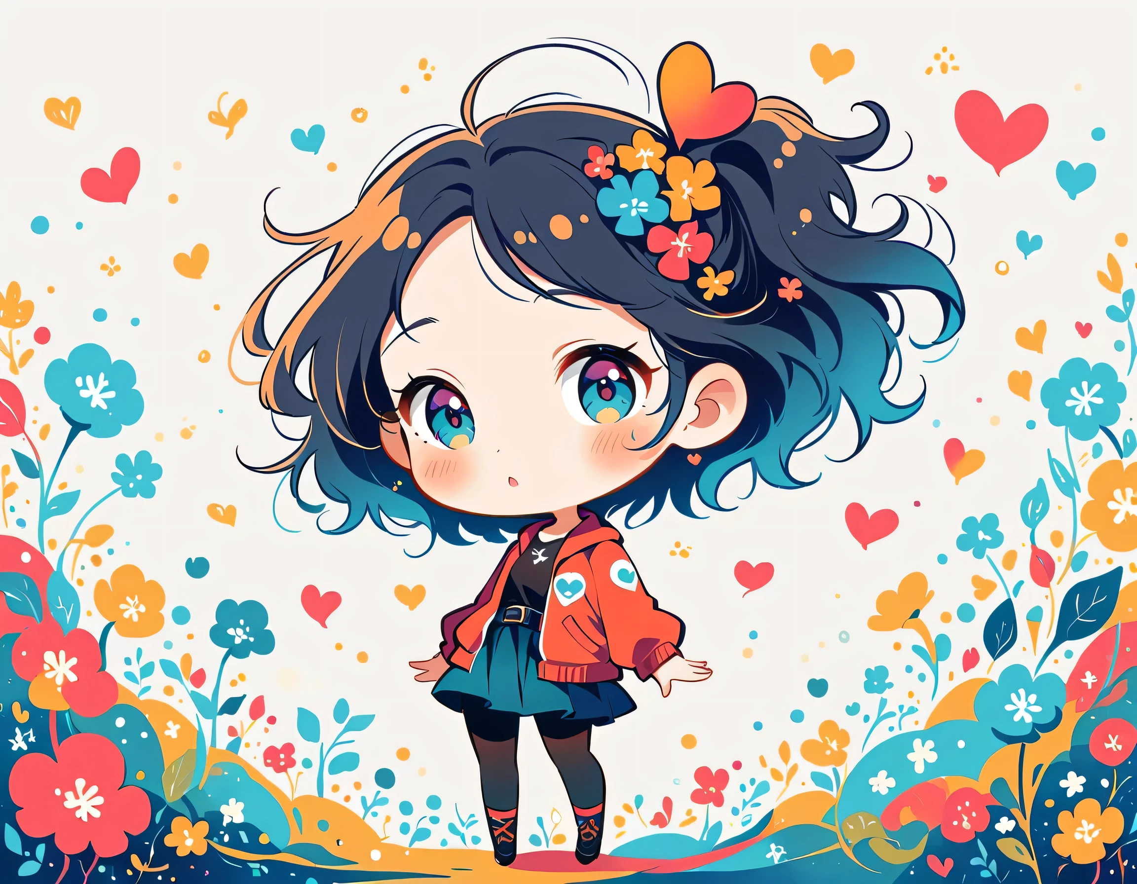 Black Star Red and White style, Simple Line Initialism,Abstract art,Urban Background, colorful hearts ,(((The most beautiful girl of all time))), (((chibi))), walking with Cute amoeba