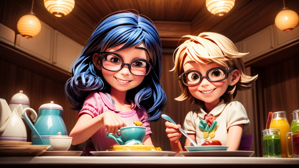 A 8 yo boy and 10 yo girl help theirs parents bring empty dishes, ready to set the dining table, carriying empty plates, forks and spoon and glasses, smiling widely, colorful and lively kitchen setting, cartoonish charm, soft and glowy lighting, highly detailed digital illustration, similar to high-quality children's books, DIGITAL ART. 3D, 16k