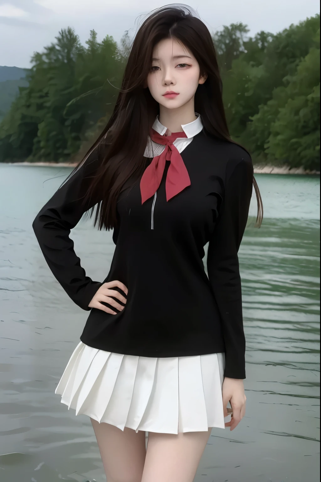 Beautiful woman with perfect body:1.4,Layered Hairstyle,Highly detailed face and skin textures,Double eyelids,Skin Whitening,Long hair,Whitened long legs,(Uniforms,Collar),Standing by the sea