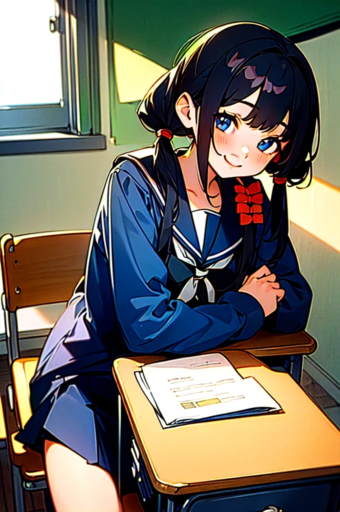 (best quality, masterpiece, highres),
a girl, 15yo,
low pigtails, (low twin tails:1.2), black hair,
navy blue , sailor uniform,
front, sitting on chair, desk in , classroom, (girl at desk:1.4),
gentle smile,
