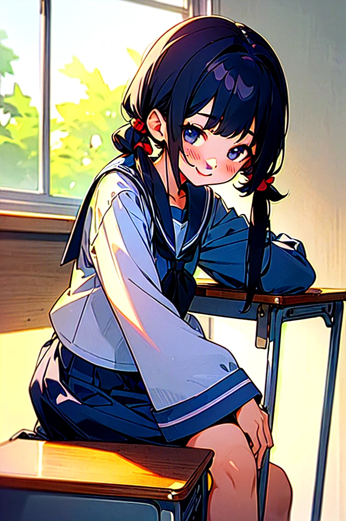 (best quality, masterpiece, highres),
a girl, ,
low pigtails, (low twin tails:1.2), black hair,
navy blue , sailor uniform,
front, sitting on chair, desk in , classroom, (girl at desk:1.4),
gentle smile,