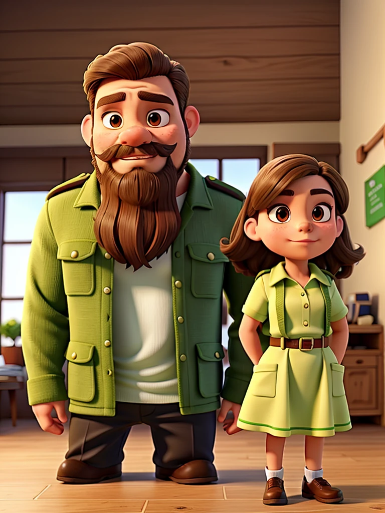 brunette woman. Bulldog, green dress. Man with uniform beard.