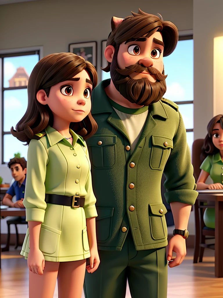 brunette woman. Bulldog, green dress. Man with uniform beard.