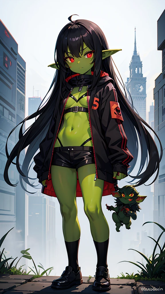 Goblin girl, black hair, red eyes, green skin, thick, 