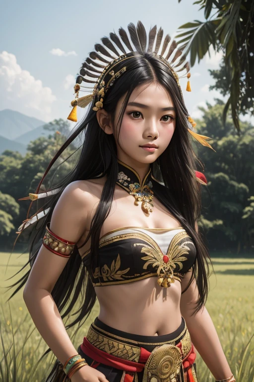 16 years old Chinese Indonesian young girl long black hair pretty face beautiful breast white skin, Wearing strapless Sleeveless Dayak traditional clothing complete with bird feather decoration on the head dancing in grass field 