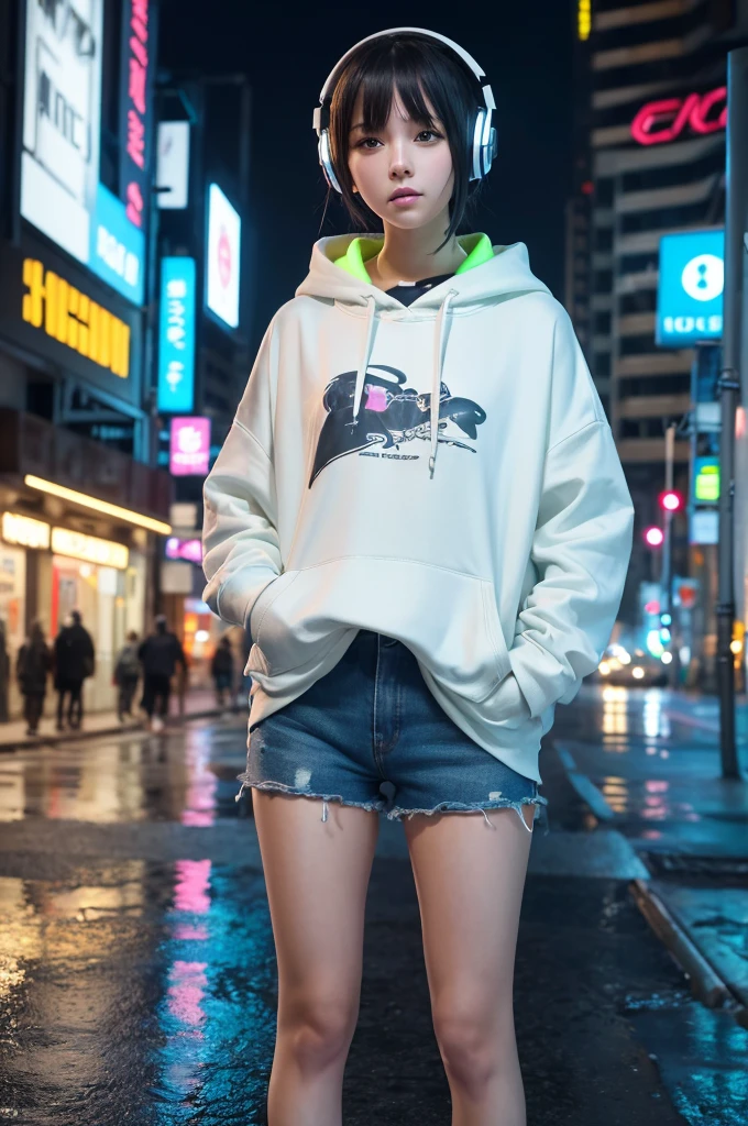 8K resolution、((Highest quality))、((masterpiece))、((Ultra-detailed))、1 female、solo、Unbelievably absurd、Oversized hoodie、Headphones、street、plein air、rain、neon、Short Hair、Light-colored eyes、Put your hands in your pockets、Shorts、Water droplets fall,A stylish girl wearing headphones, standing in a futuristic city, with a cyberpunk vibe.