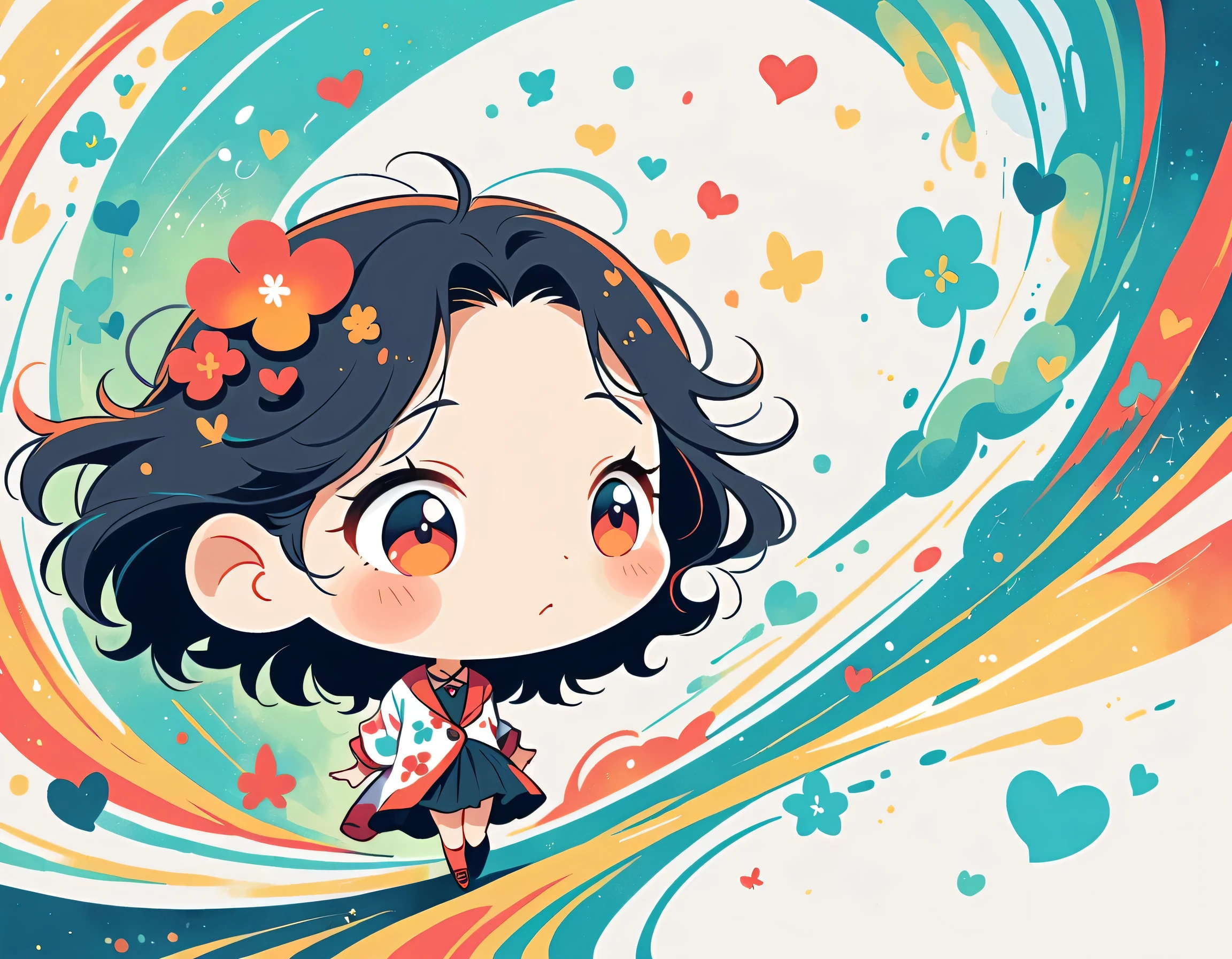 Black Star Red and White style, Simple Line Initialism，Abstract art，Urban Background, colorful hearts ,(((The most beautiful girl of all time))), (((chibi))), walking with Cute amoeba