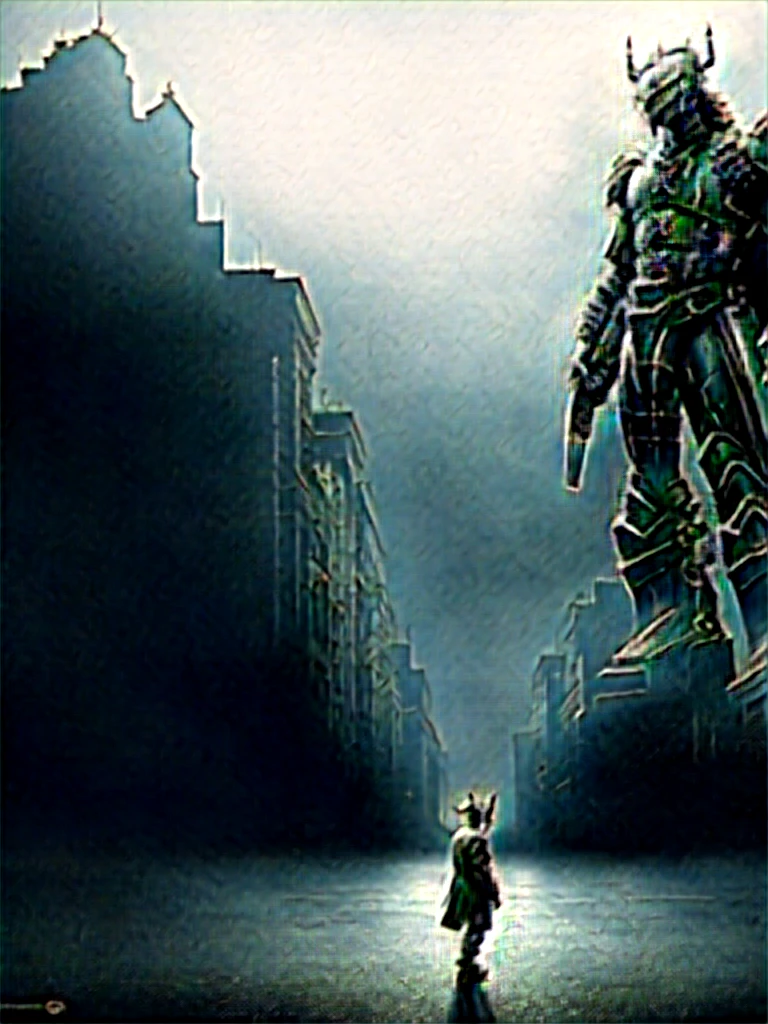 Humanity, alone, WarGreymon, armor, male, Digimon, Helmet, horn, Green Eyes, View your viewers, break, Detailed Background, Realistic, 8k hd, Attention to detail, (Dark Shadows, Wide dynamic range, High resolution, Low Light:1.2),Realistic depiction, mysterious, dynamic poses,