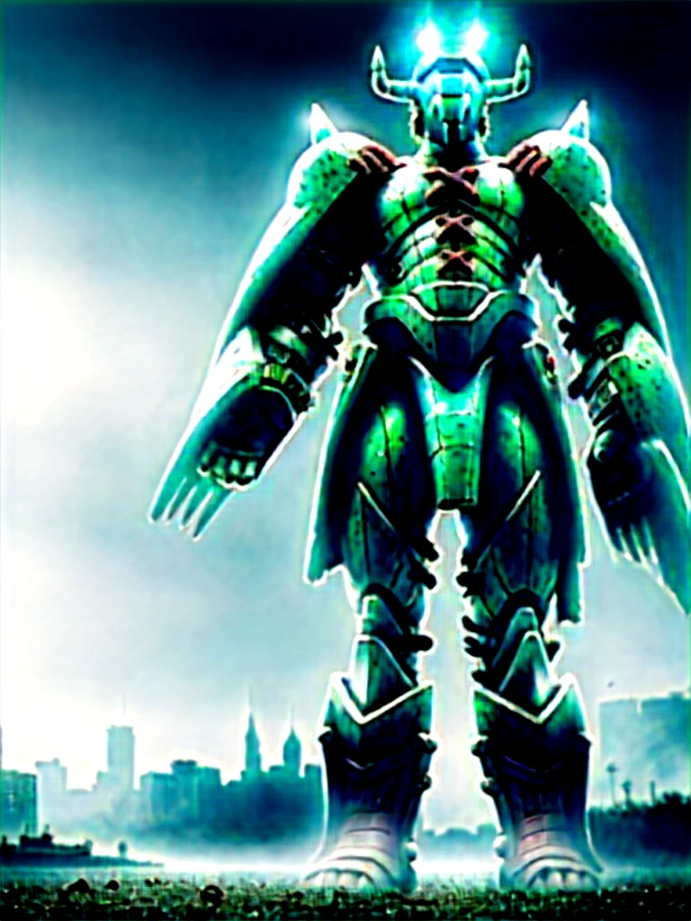 Humanity, alone, WarGreymon, armor, male, Digimon, Helmet, horn, Green Eyes, View your viewers, break, Detailed Background, Realistic, 8k hd, Attention to detail, (Dark Shadows, Wide dynamic range, High resolution, Low Light:1.2),Realistic depiction, mysterious, dynamic poses,