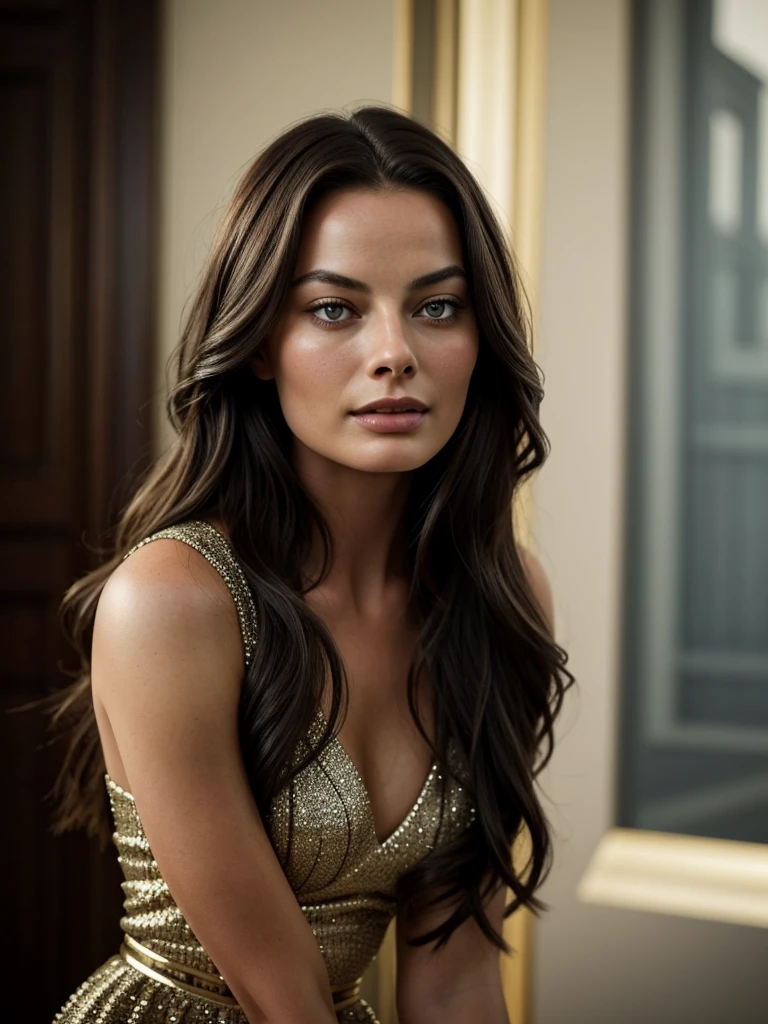 beautiful woman with long dark hair, similar to margot robbie, face in extremely detailed and high quality 4k, facing the camera, perfect lighting on her face, 4k, photorealistic, masterpiece, high quality, extremely detailed, cinematic lighting, dramatic pose, elegant, sensual, center the image, Visual effects, Sound effects, Incredibly detailed and complex, hyper maximalist, elegant, hyper realistic, super detailed, woman posing for a photo, portrait, classy and elegant photo, photo taken from afar