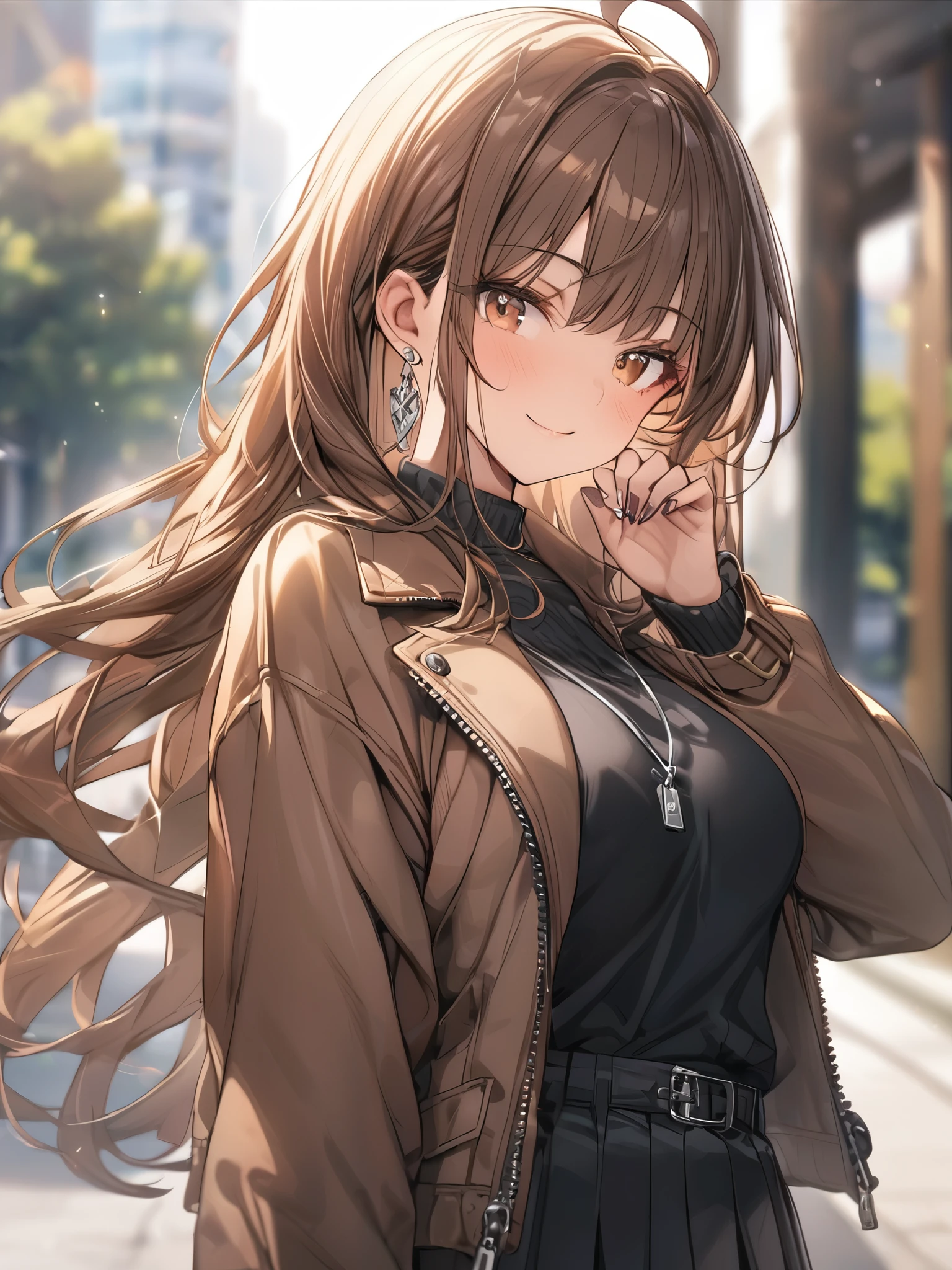 ((masterpiece, best quality)), very aesthetic, absurdres, One girl, Ahoge, bangs, black skirt, black sweater, Blurred, Blurred background, chest, Brown eyes, Brown Hair, brown Jacket, Mouth closed, Day, Depth of written boundary, Earrings, eyelash, Raise your hand, Tilt your head, Jacket, jewelry, Long Hair, Long sleeve, View Viewer, medium chest, Manicure, Open clothes, open Jacket, Outdoor, Pursed lips, Tucked in shirt, Side Lock, skirt, Sleeves are longer than the wrist, alone, sweater, Upper Body, zipper, smile,