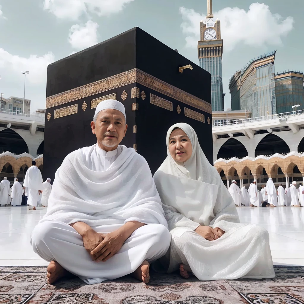 Outdoor Photography, Indonesian, a man smooth clean shaved faces aged 55 years and a slightly overweight woman aged 55 years wearing long hijab, posing sits , all wearing white ihram clothes for umra, sets at mecca, underneath holy kabaa with mecca environment view, fresh color, 8k, photography, UHD.