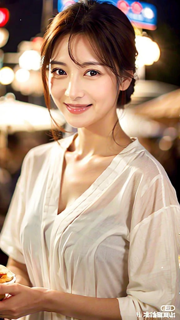 Ultra-realistic front-on portraits taken by a professional photographer。32k, 7 heads、(A short-sleeved business shirt with a wide V-neck and a very thin white fabric.:1.9)。((Highest quality)), ((masterpiece)), (detailed), (midnight ,A Tokyo food stall in the dark under a new moon and light rain, Low Key Lighting:1.6)、(looking at viewer, Staring Intently :1.2), A very beautiful, extremely elegant and intelligent 42 year old Japanese woman.。Very intelligent and goddess-like face。(An extremely elegant, calm and modest smile, Being drunk、My eyes are watering、I'm lustful、embarrassed ,blush, Curvy Body:1.5)、A short, well-groomed, shiny black haircut。The skin is white and very smooth。 (A very hot rainy summer night、I'm pretty sweaty、Her clothes were soaking wet, and through the extremely thin fabric her skin and navy blue, lacy, high-end underwear were clearly visible.:1.9)。(A long navy pencil skirt with a long slit in the front,The clothes fit the body very well:1.8), (The line of the chest, collarbone and décolletage are extremely beautiful.:1.9)。She is looking straight at the camera with a very shy look on her face.。Light makeup and no piercings,A simple and modest pearl necklace、Straddling a chair, spread legs