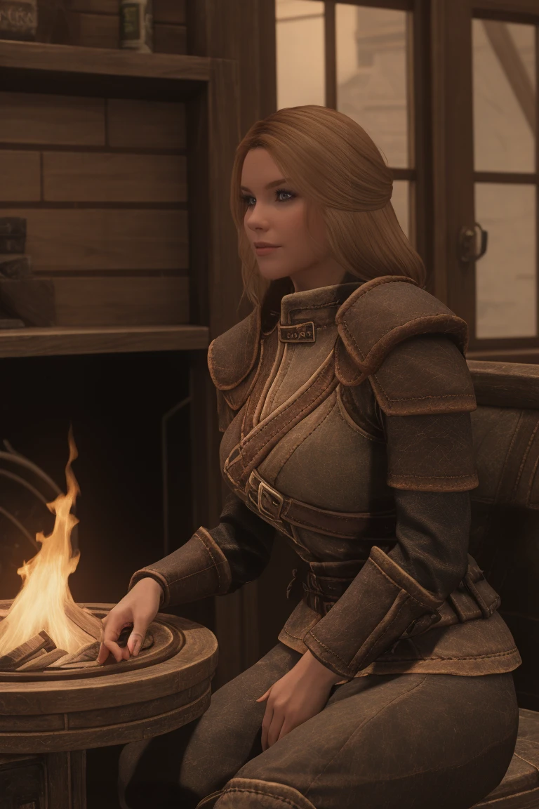 A warm glow emanates from the hearth as a lone figure sits at the wooden bar of Skyrim Inn. A female Breton, her blonde tresses adorned with a sprig of lavender, gazes longingly into the flames, lost in thought. Across from her, a viewer, clad in worn leather armor, leans against the counter, eyes locked onto hers as they share a tender moment amidst the rustic charm of the inn's wooden furnishings and soft sunlight. daytime, Skyrim style