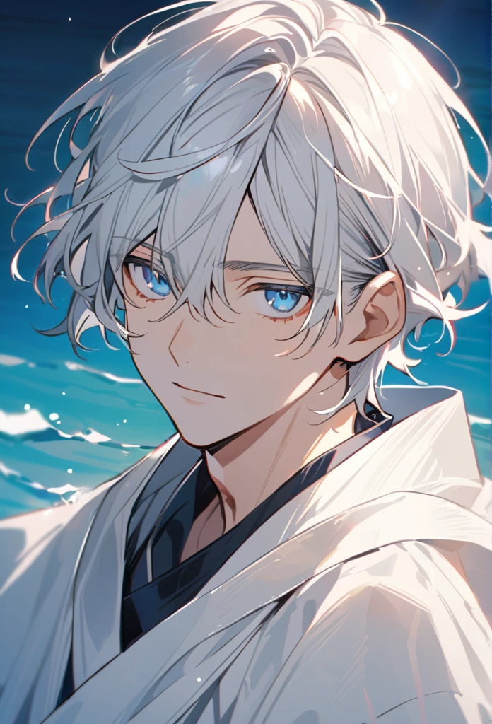 Handsome, solo, 1 male, short hair, blue sea eyes, white hair, white robe, calm facial