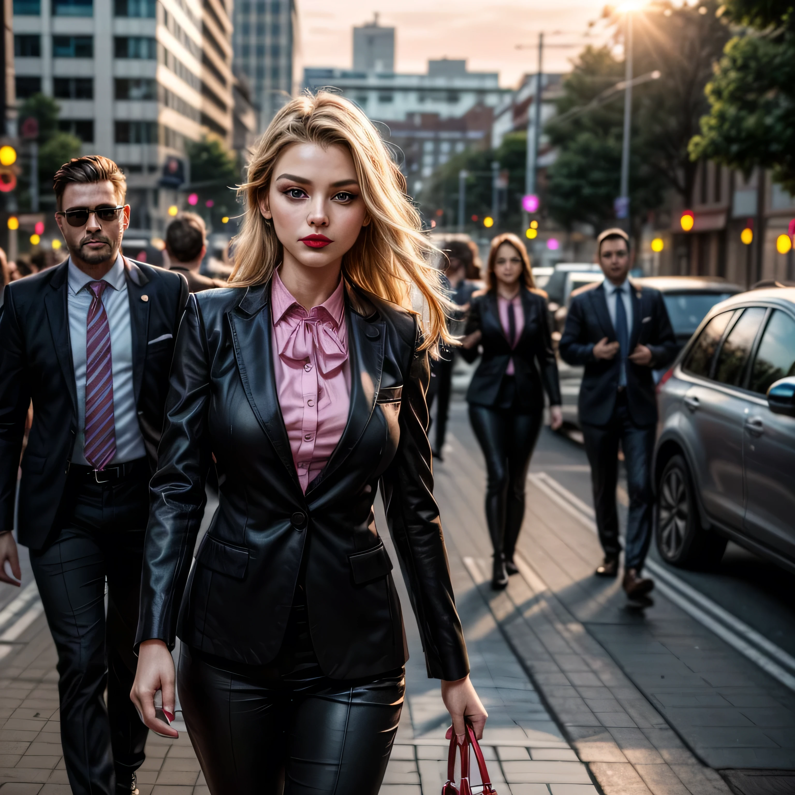 (masterpiece, photorealistic:1.4, extremely intricate:1.3, radiosity, photon mapping, dtx), ((nineteen female, teenage supermodel, ((business suit, black suit coat, pink silk men's business shirt, stepping to the side, serious, looking away, 19 years old, humid, bright red lips)), long eyelashes, makeup:1.3)), ((([skin detail:freckles:0.9]))), outdoor, park, faraway city, professional photograph girl, (long straight hair [blonde hair:dark hair:0.7], wind), BREAK ((sunset), bokeh, blurry background), BREAK, ((([medium breasts:large breasts:0.6])))
