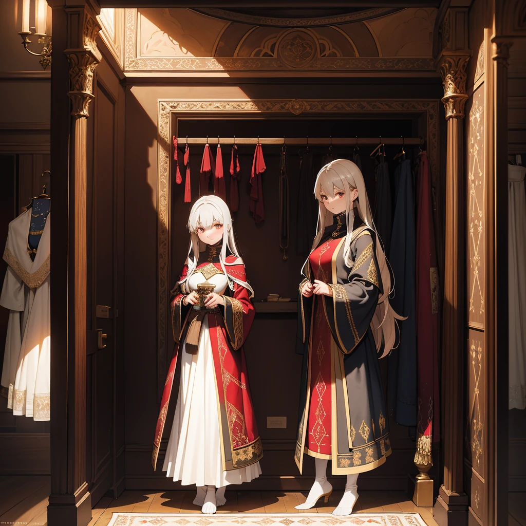 Imagine an empty medieval fitting room, its interior illuminated by the soft glow of torches mounted on stone walls. Within, a sturdy wooden bench stands beside a tall, full-length mirror framed in intricately carved oak. Velvet curtains, richly dyed in hues of deep crimson and gold, partially conceal the space, adding an air of privacy and exclusivity. The floor is strewn with plush rugs woven with geometric patterns, offering comfort and warmth to those who come to try on garments tailored to fit noble lords and ladies. Capture the quiet elegance and anticipation of this fitting room, where the artistry of medieval fashion meets the discerning eye of its wearer.