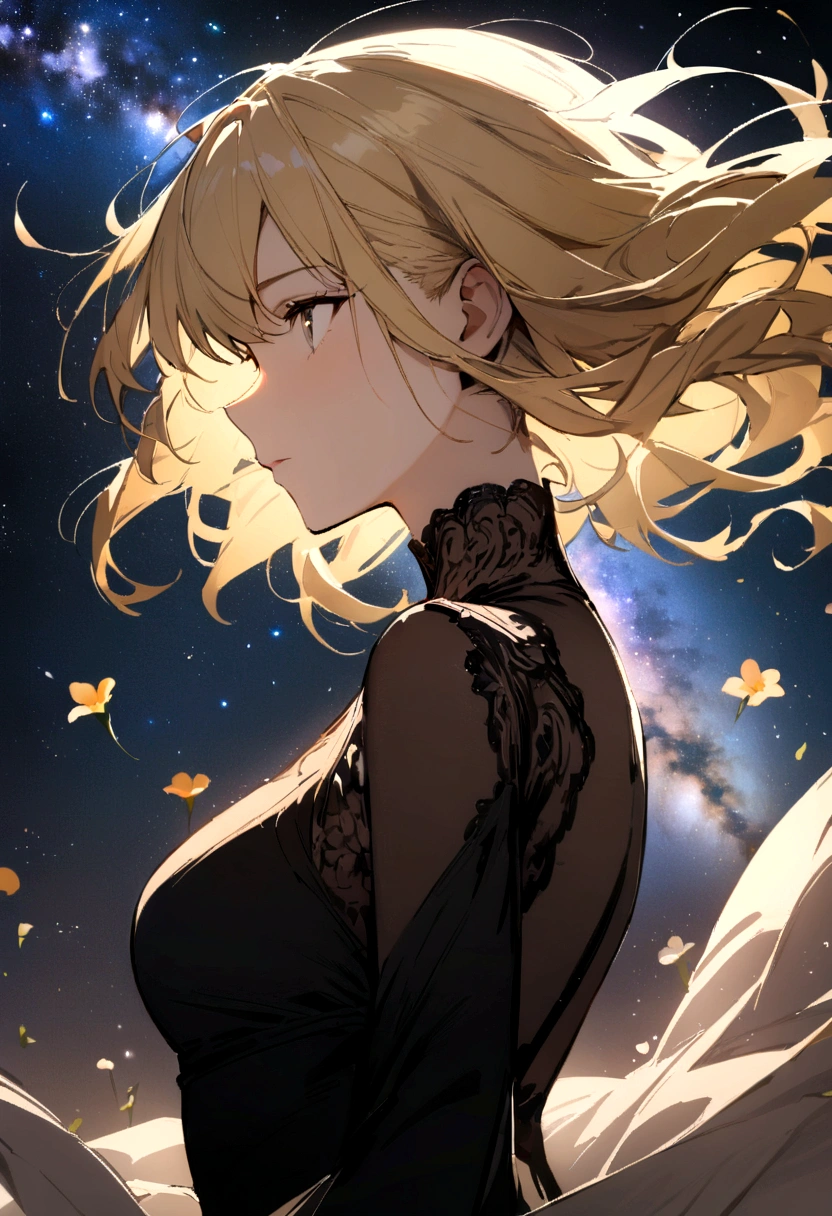 (best quality, masterpiece), 1 Girl, posture, particle, wind, flower, Upper Body, Simple background, Looking at the audience, Blonde, Milky Way, Aesthetic