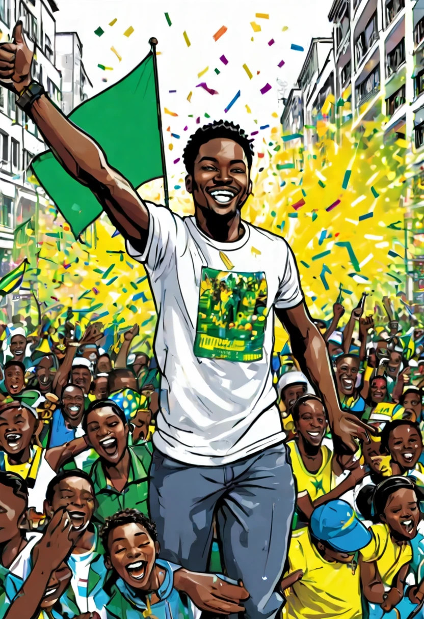 in a white background, black and white illustration of T-shirt design ,with a large crowd of happy Africans people celebrate their deliverance in the streets of the city, with a festive stylem, poster ,celebration victory,explosives, fireworks, confetti and festive elements ,with the flag , the flag has horizontal colors green yellow blues of Gabon, in a party, whit fireworks, whit a city background, graffiti, poster, illustration, urban streetstyle, pop culture, urban clothing ,white background